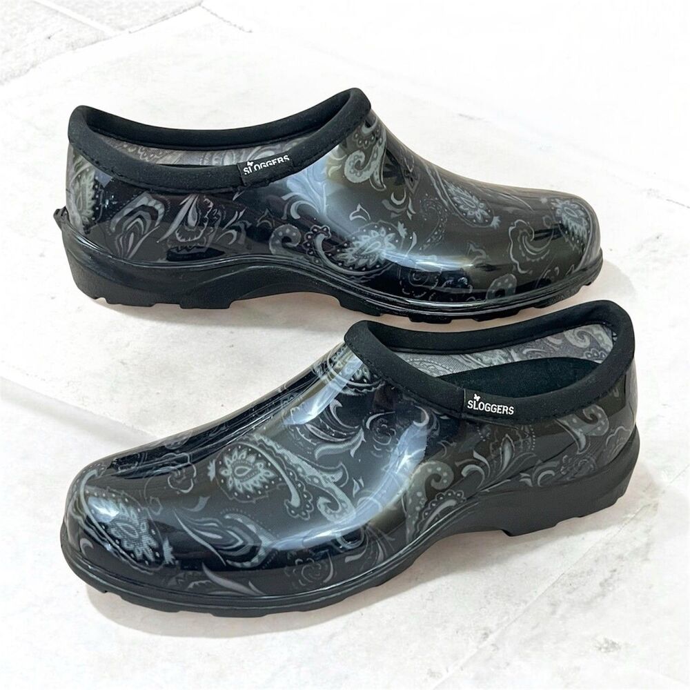 Sloggers Original Garden Shoes Womens 10 Black Paisley Waterproof Slip-On Rain